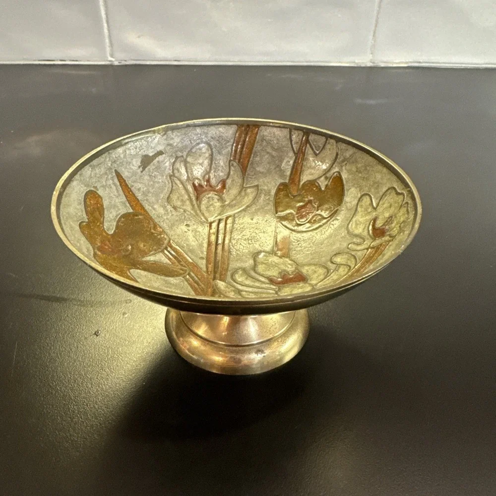 Vintage‎ Brass Pedestal Bowl Enamel w/ Flowers 5